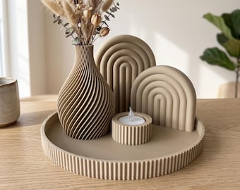 Decoratieve set, moderne tafeldecoratie, woondecoratie, Scandinavische decoratie, decoratieve vaas, 3D-print, minimalistisch design, dienblad, woonaccessoire