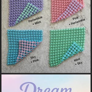 May include: Four colorful, patterned squares in periwinkle and mint, pink and periwinkle, sky and pink, and mint and sky. The word "Dream" is written in a cursive font at the bottom of the image.