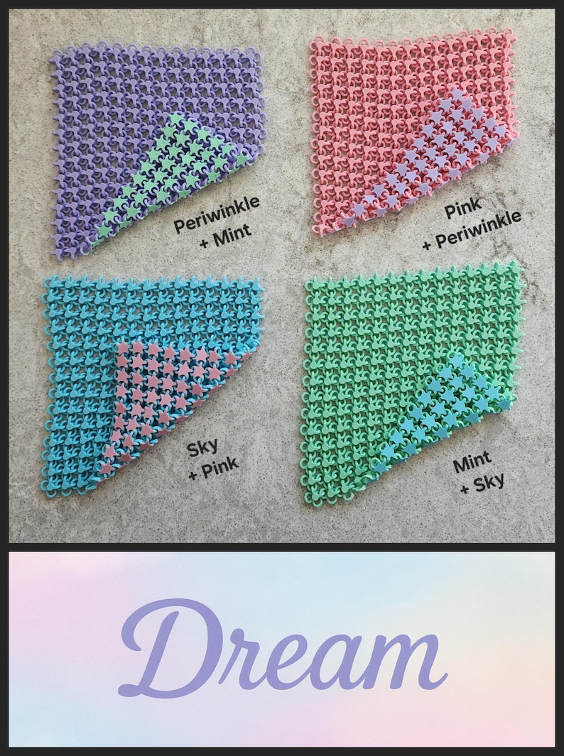 May include: Four colorful, patterned squares in periwinkle and mint, pink and periwinkle, sky and pink, and mint and sky. The word "Dream" is written in a cursive font at the bottom of the image.