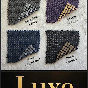 May include: Four samples of chainmail fabric in dark gray and silver, indigo and gold, navy and gunmetal, and black and bronze. Each sample is a square with a star pattern. The word "Luxe" is displayed in gold.