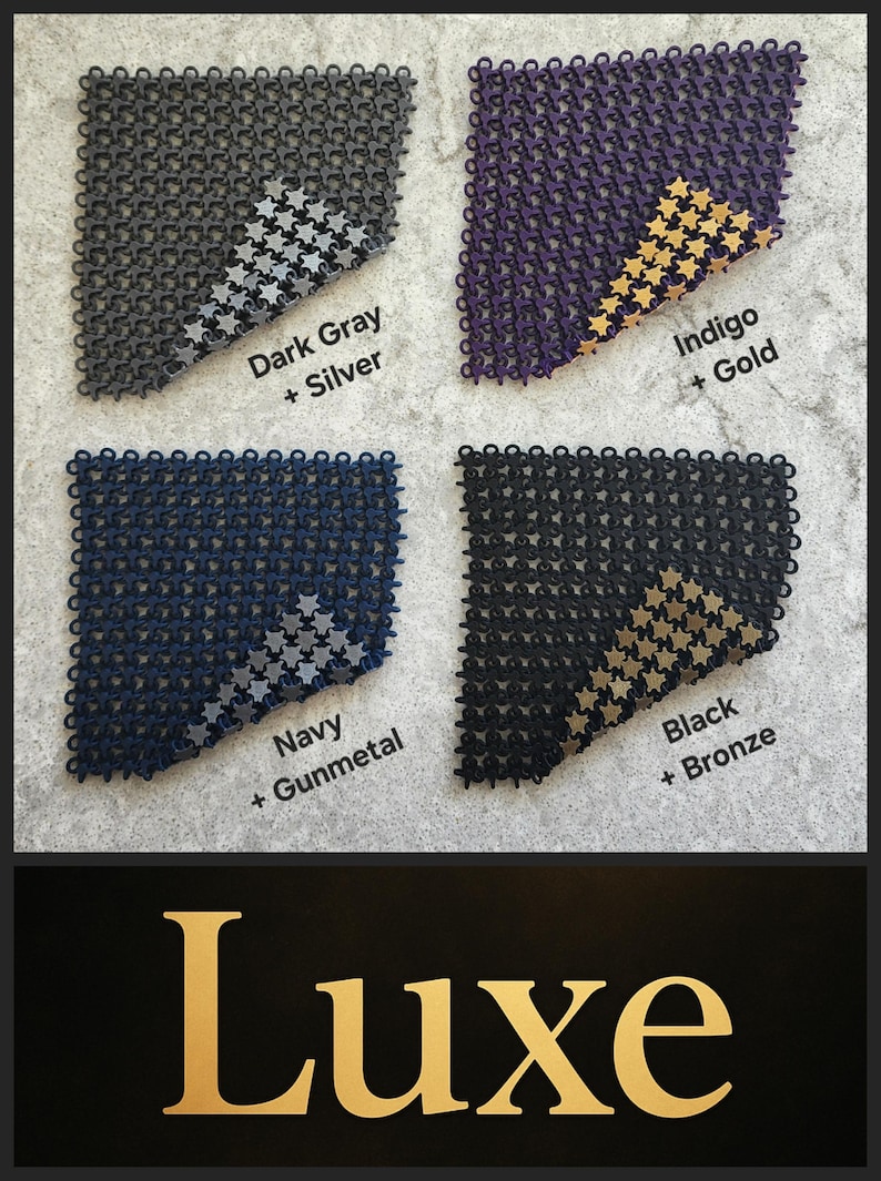 May include: Four samples of chainmail fabric in dark gray and silver, indigo and gold, navy and gunmetal, and black and bronze. Each sample is a square with a star pattern. The word "Luxe" is displayed in gold.