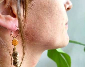 gold earrings with beige recycled rope and yellow eco leather