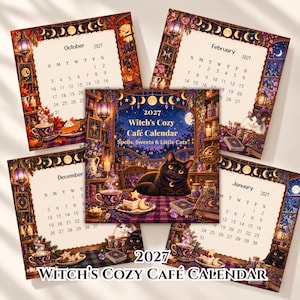 Pode incluir: Um calendário 2027 Witch's Cozy Café com ilustrações de gatos pretos, doces e elementos mágicos. As páginas mostram as grelhas mensais de outubro, fevereiro, dezembro e janeiro, com o título Spells, Sweets & Little Cats.