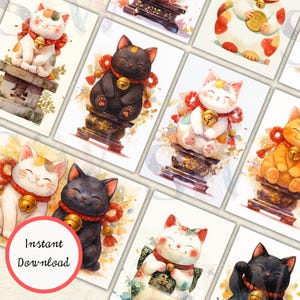 Set di cartoline stampabili con gatti portafortuna – Condividi un po' di felicità / 10 disegni acquerellati di Maneki Neko