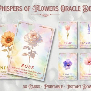 Könnte beinhalten: Whispers of Flowers Orakel-Kartendeck mit 30 druckbaren Karten und Aquarell-Blumenillustrationen. Jede Karte zeigt einen Blumennamen und Text, darunter Rose, Sonnenblume, Tulpe, Lavendel, Veilchen und Cosmos auf pastellfarbenen Hintergründen.