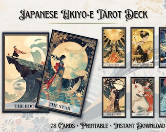 Ukiyo-e Tarot Printable – 78 Card Japanese Fortune Telling Set, Digital Download PDF PNG Guidebook