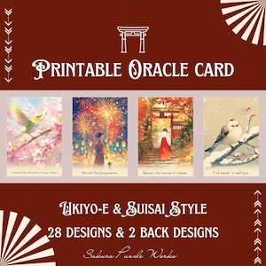 Cartas de Oráculo imprimibles estilo Ukiyo-e y Suisai: 28 cartas de Oráculo + 2 diseños de dorso / Descarga digital