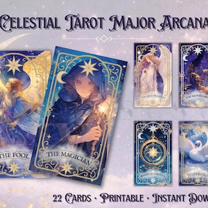 Puede incluir: Un conjunto de cartas del Tarot Celestial Major Arcana. Las cartas presentan ilustraciones de figuras en escenarios celestiales, con títulos como "The Fool" y "The Magician". También se ve el texto "22 Cartas • Printable • Instant Download".