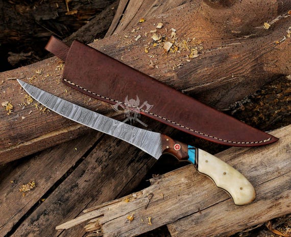 Handmade Damascus Steel Fillet Knife: Natural Bone Handle, Leather Sheath