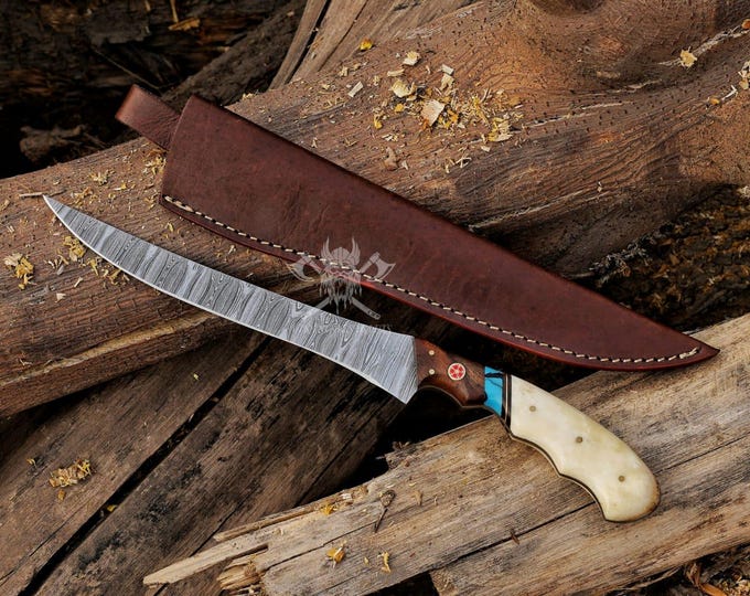 Handmade Damascus Steel Fillet Knife: Natural Bone Handle, Leather Sheath