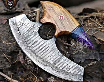 Hacha de pizza con hoja de acero de Damasco forjada a mano.