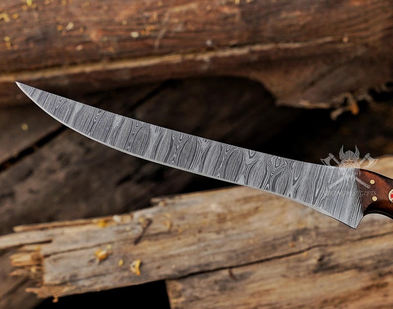 May include: A curved, Damascus steel blade knife with a wooden handle. The blade has a unique, patterned design. The handle is dark brown with brass rivets. The knife is set against a rustic wooden background.