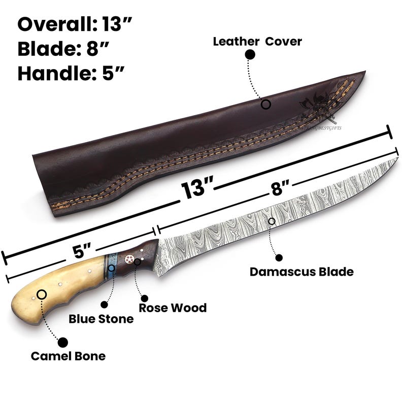 May include: A Damascus blade knife with a camel bone handle, rose wood accents, and a blue stone inlay. The knife is 13 inches overall, with an 8-inch blade and a 5-inch handle. Includes a leather cover.