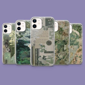 Coque de portable vert sauge avec collage nature botanique pour iPhone 16, 15, 14, 13, 12, 11, Samsung S25, S24FE, S23 A55 A35 Pixel 9 9Pro 8A 7A