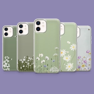 Custodia per telefono minimalista, motivo floreale verde salvia per iPhone 16Pro, 15, 14, 13, 12, Samsung S25Ultra, S24, S23, S22, A16, A55, A25, Pixel 9, 8A