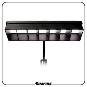 May include: A black light fixture with six separate light compartments. The fixture is mounted on a black pole. The brand name "SIMFIRE" is displayed at the bottom of the image.