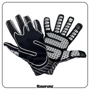 May include: A pair of black and white cycling gloves with a textured grip on the palm and fingers. The gloves have a white stripe design on the back of the hand and the word "SIMFIRE" is printed on the wrist.
