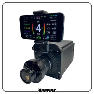 May include: A black racing simulator component with a smartphone displaying performance data. The phone is mounted above the device, showing numbers and graphs. The device has a cylindrical front with a carbon fibre pattern.