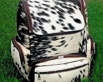 ハンドメイドのトリコロール牛革バックパック、ヘアオンレザーリュックサック