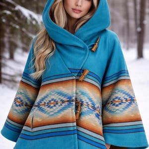 Beth Dutton Wool Blend Poncho Coat | Geometric Aztec Hooded Jacket
