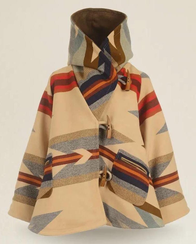 Wool Blend Geometric Poncho Coat, Beige Aztec Hooded Jacket, Western ...