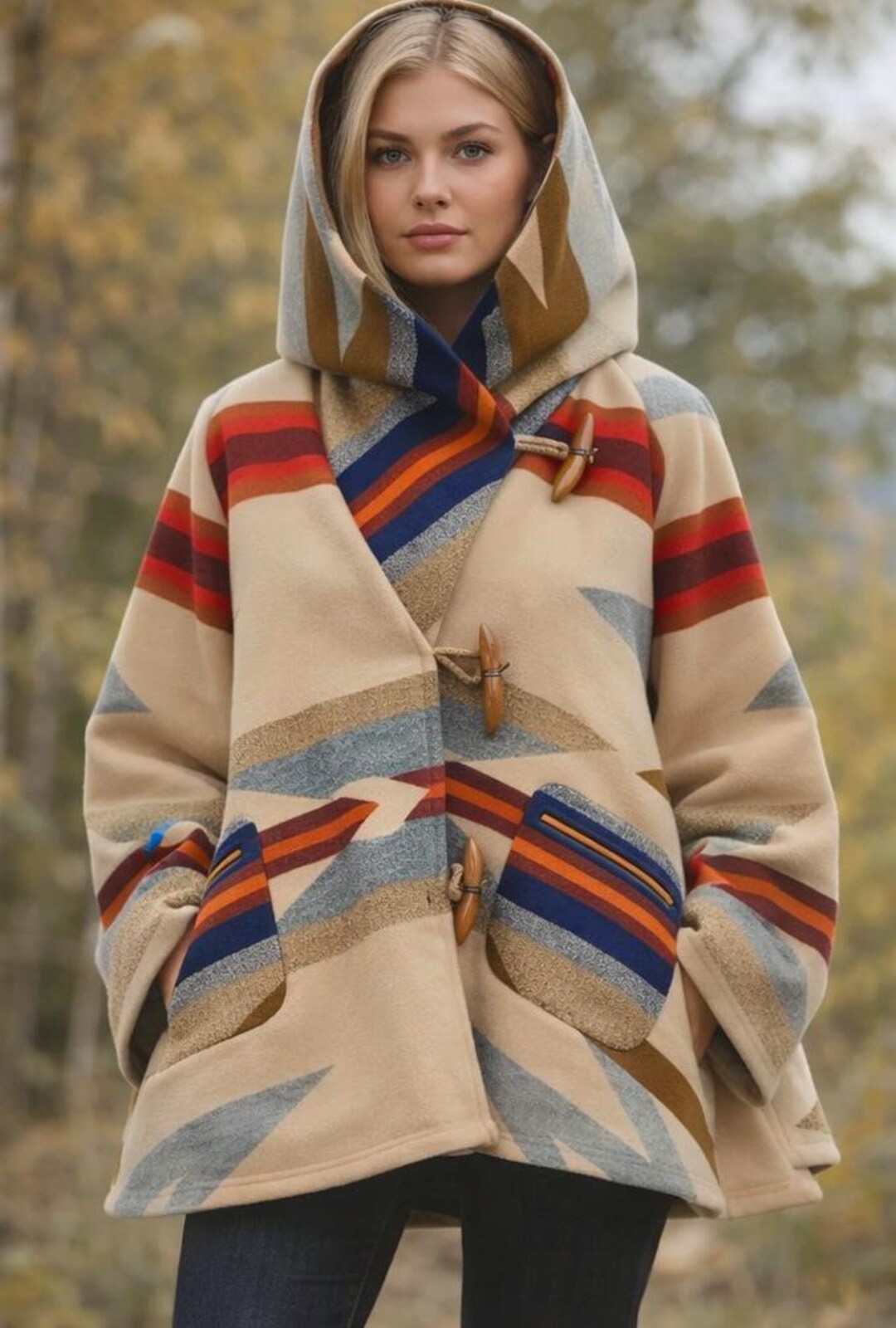 Wool Blend Geometric Poncho Coat, Beige Aztec Hooded Jacket, Western ...