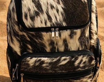トリコロール牛革バックパック：ハンドメイドのヘアオンレザーリュックサック