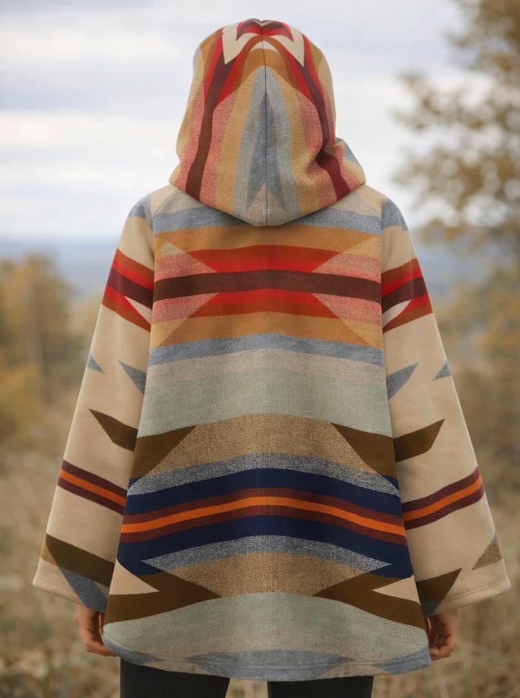 Wool Blend Geometric Poncho Coat, Beige Aztec Hooded Jacket, Western ...