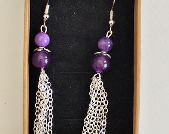 Amethyst Dangle Earrings – Long Crystal Earrings with Silver Chains