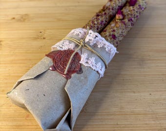 Ritual beeswax Candles with Rose Petals, Rose Quartz. Spells for Love, Self-Acceptance & Heart Healing