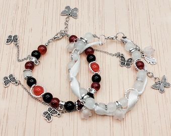 Handmade TGCF Bracelet Set with ribbon, rose quartz and moonstone