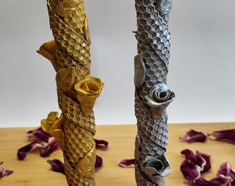 Beeswax Rose Candle: Gold & Silver Wax Flowers, Handmade