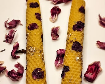 Beeswax Candle with Dried Rose Petals & Gold Leaf
