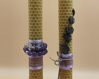 100% Beeswax candle Set with Dried Lavender and Magic Bracelet, ritual set for meditation