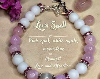 Pink Opal, Moonstone & White Agate Love Bracelet