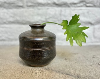 FOUND : handmade CERAMIC VASE heavy vessel glazed in dark rich green color