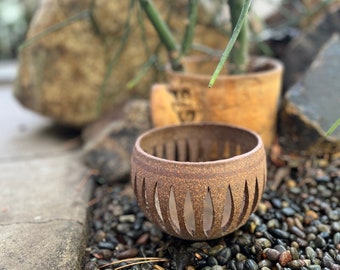 FOUND : rare EARTHGENDER LANTERN stoneware vessel with cut outs and glazed rings - robert maxwell - david cressey