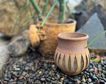 FOUND : rare EARTHGENDER LANTERN stoneware vessel with cut outs and glazed rings - robert maxwell - david cressey