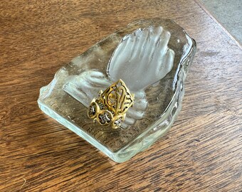 FOUND : cut GLASS HAND ashtray, incense burner or jewelry dish