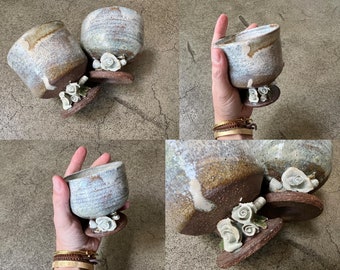 FOUND : pair of CERAMIC GOBLETS with ceramic flower details - perfect for wedding, anniversary or special toast