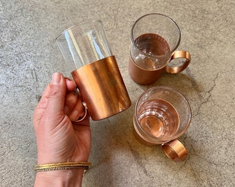 FOUND : vintage COPPER and GLASS cups - set of 3 cups for tea, sake, coffee, juice, cocktails or espresso