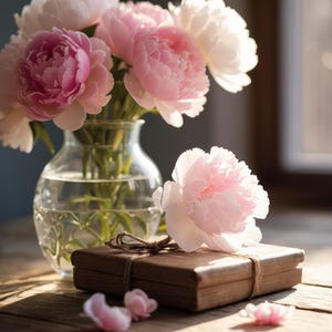 Child’s Hand & Peony Bouquet Still-Life Print – Warm Morning Light, Rustic Wood Table, Heart Card, Photoreal Wall Art, Mother’s Day Gift