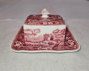 Vintage Spode Pink Tower square butter dish.  Unusual vintage item in perfect condition