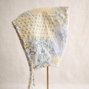 Reversible Cotton Pixie Bonnet, Yellow Blue Floral Quilt, Gnome Style Baby Hat Photography Baby Toddler Child Sizes