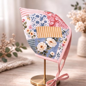 Reversible Patchwork Pink Floral Pixie Bonnet, Gnome Style Baby Hat, Cotton Photography Prop Baby Toddler Child Sizes