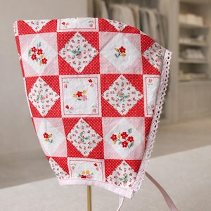 Handmade Patchwork Floral Red Pink Lace Cotton Pixie Bonnet, Gnome Baby Hat, Photography Prop Baby Toddler Child Sizes