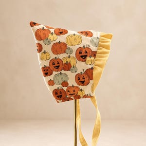 Pumpkin Patch Butter Yellow Halloween Ruffle Autumn Fall Orchard Park Print 100% Cotton Pixie Bonnet, Gnome Style Gift Sun Hat Baby Gift