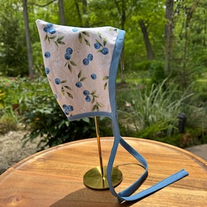 May include: A light-colored bonnet with a blue trim and ties, adorned with a pattern of blue blueberries and green leaves. The bonnet is displayed on a gold stand against a blurred outdoor background.