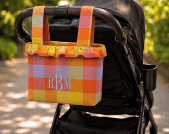 Stroller Caddy Bag Tote Organizer Ruffle Name Monogram Tag Custom Embroidery  Wipes Diaper Snack Madras Plaid Disney Trip Park Zoo Walks