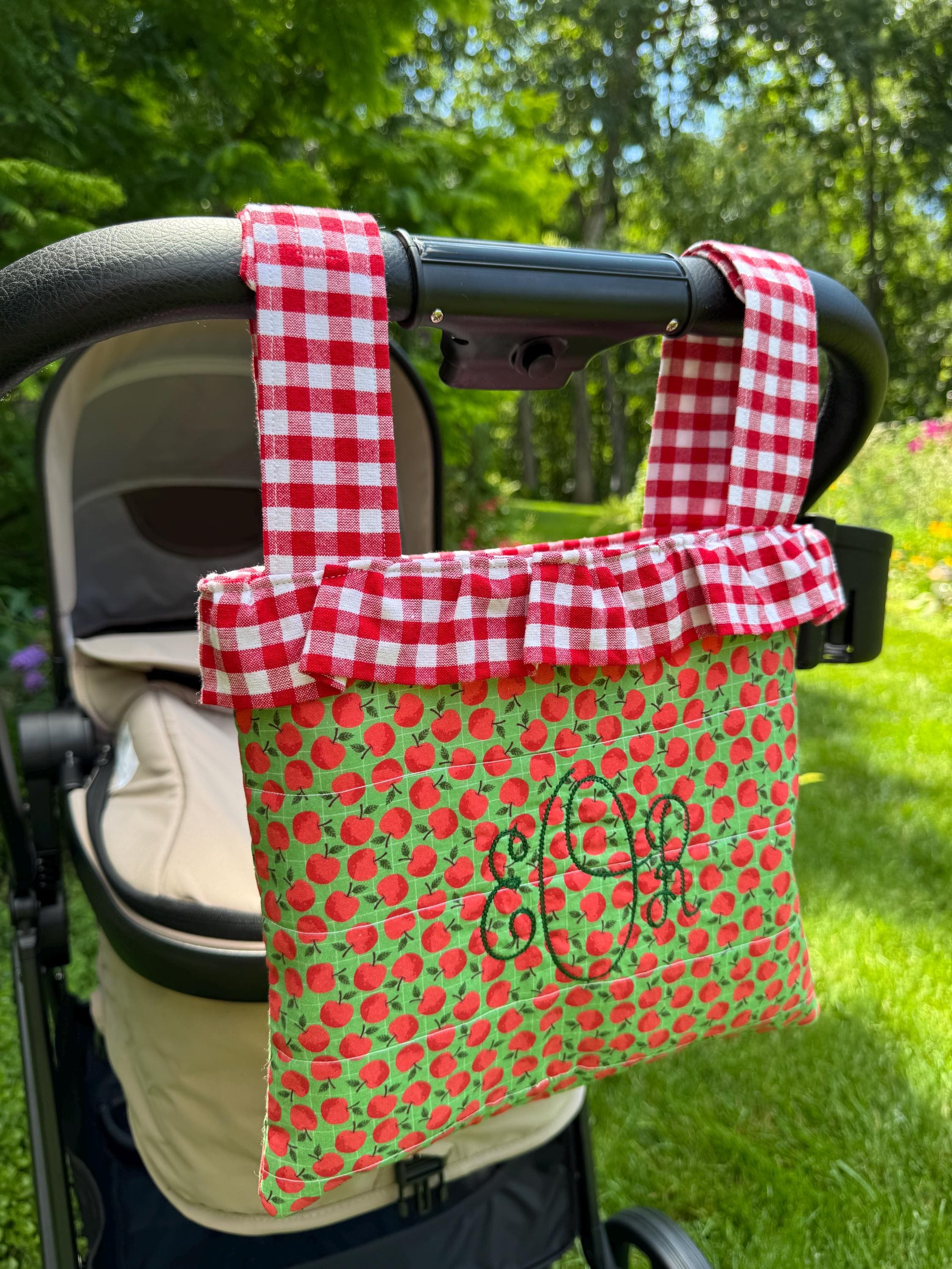 Apple Fall Autumn Red Gingham PERSONALIZED Embroidery Stroller Bag Tote Pouch Baby Diaper Wipes Orchard Park Zoo Cotton Quilted Heirloom